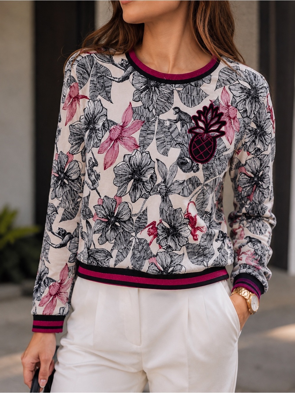 Maje Floral Ribbed Sweater Lurex Hem Crew Neck Knit Top Size S